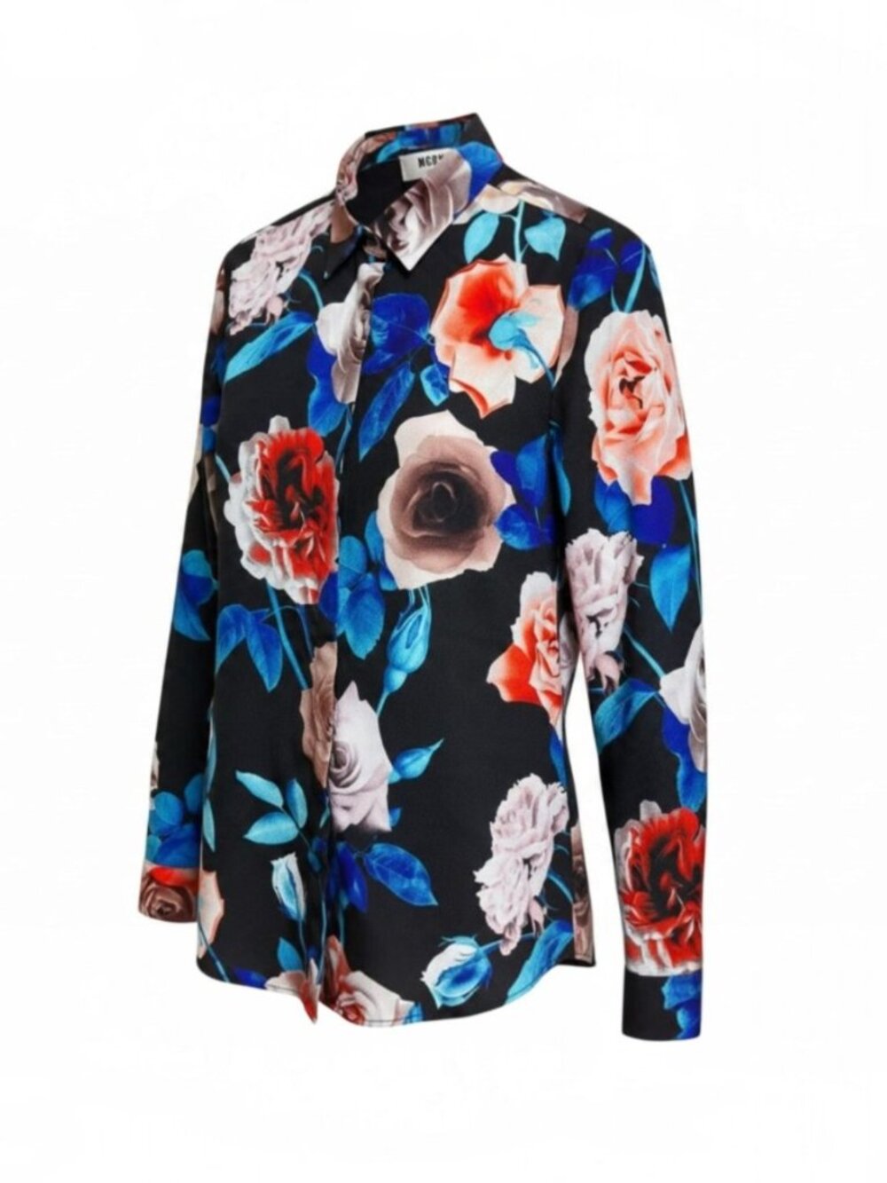 MSGM Milano Black Multicolor Rose Floral Button Down Blouse
